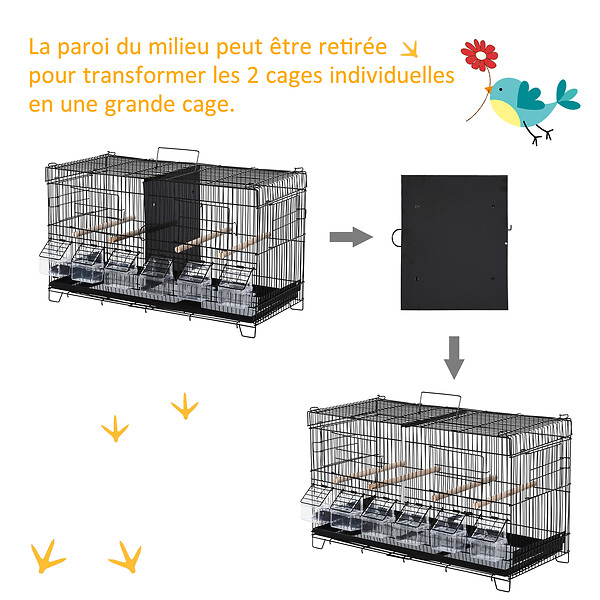 PAWHUT - PawHut Cage à oiseaux dim. 59,5L x 29,8I x 35,3H cm mangeoires perchoirs 4 portes plateau excrément amovible + poignée transport métal PP noir - large