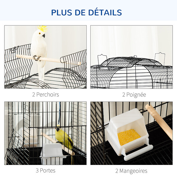 PAWHUT - PawHut Cage à oiseaux volière amovible sur roulettes - toit ouvrant, tiroir déjection, 2 perchoirs, 2 trappes, porte, 2 mangeoires, 2 poignées - étagère - acier PP noir - large