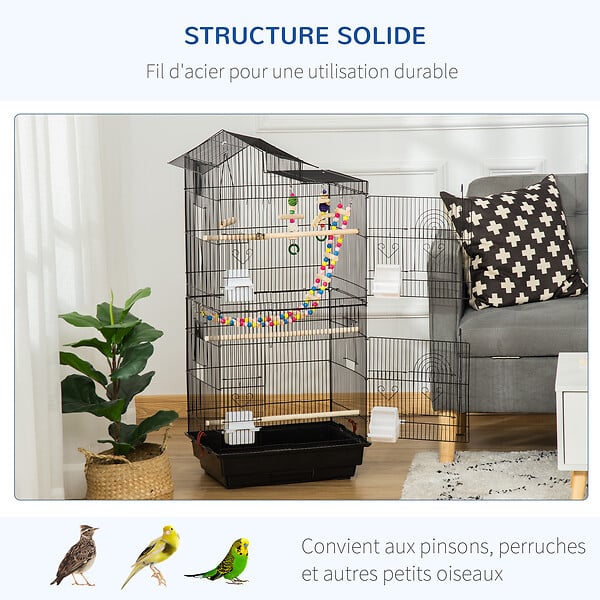 PAWHUT - Cage à oiseaux volière 46 x 36 x 100 cm - 2 portes, 9 trappes, plateau déjection, nombreux accessoires - noir - large