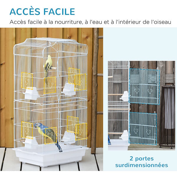 PAWHUT - Cage à oiseaux volière avec mangeoires perchoirs plateau amovible 2 portes dim. 46,5L x 35,5l x 92H cm métal blanc - large