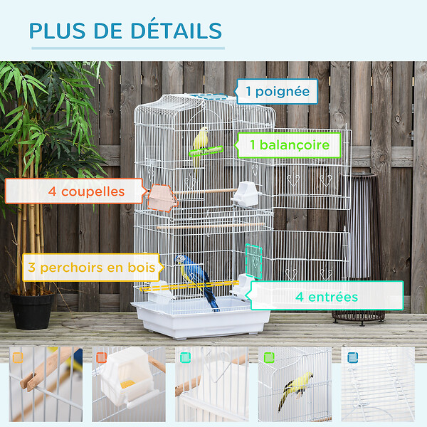 PAWHUT - Cage à oiseaux volière avec mangeoires perchoirs plateau amovible 2 portes dim. 46,5L x 35,5l x 92H cm métal blanc - large