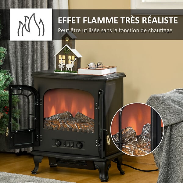 HOMCOM - Cheminée électrique poêle style néo-rétro 2 portes verre trempé 1000/2000 W LED luminosité réglable acier ABS noir - large