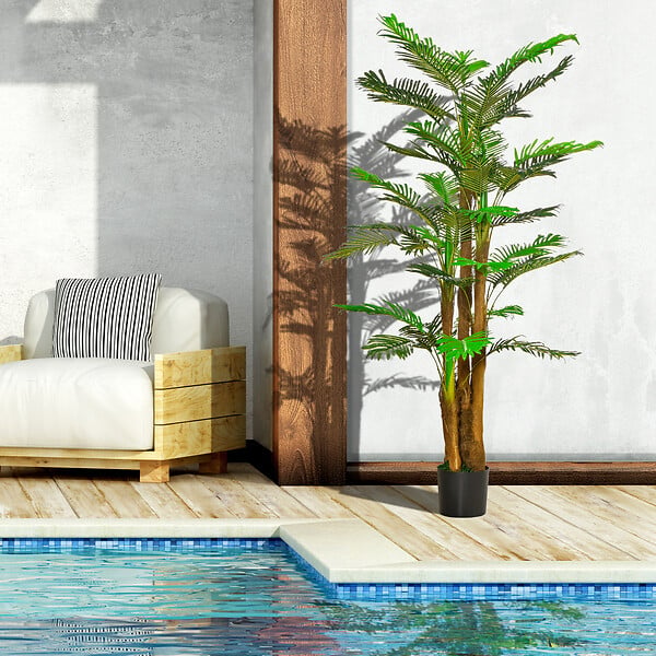 OUTSUNNY - Palmier artificiel H.1,85 m arbre artificiel tronc branches lichen feuilles grand réalisme pot inclus - large