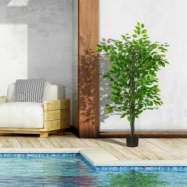 HOMCOM - Arbre artificiel plante artificielle ficus H.1,35 m tronc branches liane lichen feuilles grand réalisme pot inclus - large