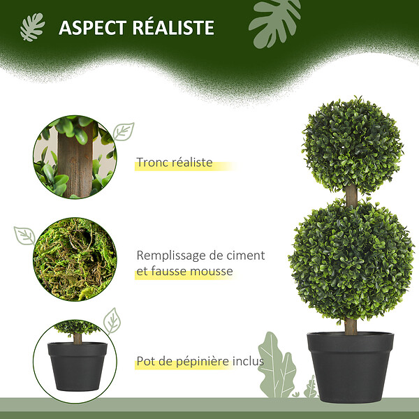 HOMCOM - Lot de 2 arbres buis artificiel double boules avec tronc et pot inclus - H.60 cm PE vert - large