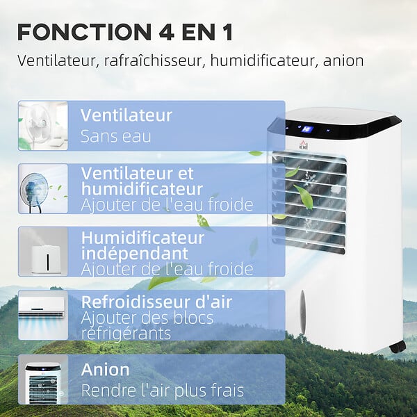 HOMCOM - HOMCOM Ventilateur rafraichisseur humidificateur ioniseur 4 en 1 avec télécommande - portable silencieux oscillant 60W - capacité max. réservoir 10L - idéal pièces 20 m² max. - blanc noir - large