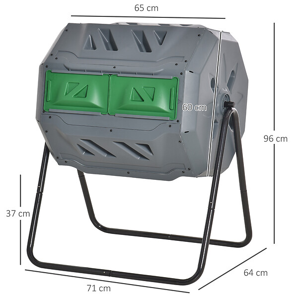 OUTSUNNY - Composteur de jardin - bac à compost pour déchets - rotatif 360° - double chambre 160 L - acier noir PP vert gris - large