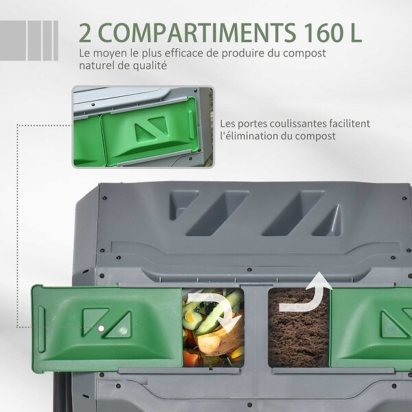 OUTSUNNY - Composteur de jardin - bac à compost pour déchets - rotatif 360° - double chambre 160 L - acier noir PP vert gris - large