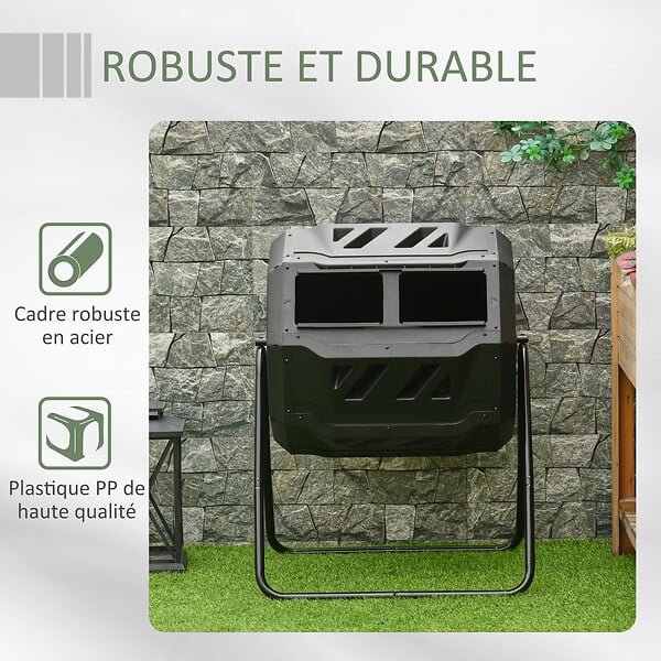 OUTSUNNY - Composteur de jardin - bac à compost pour déchets - rotatif 360° - double chambre 160 L - acier PP noir - large