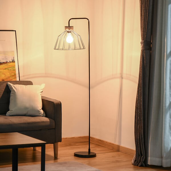 HOMCOM - Lampadaire design industriel grillagé et arqué 40 W max. métal noir rotin - large