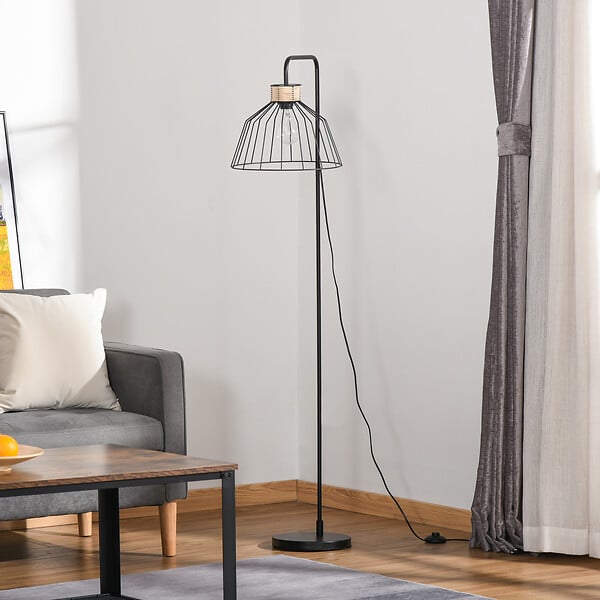 HOMCOM - Lampadaire design industriel grillagé et arqué 40 W max. métal noir rotin - large