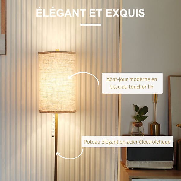 HOMCOM - Lampadaire design néo-rétro 40 W max. piètement mât acier doré abat-jour lin crème - large