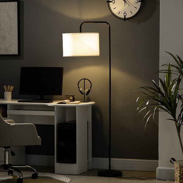 HOMCOM - Lampadaire design néo-rétro max. 40 W 163H cm abat-jour circulaire aspect lin blanc piètement structure acier noir - large