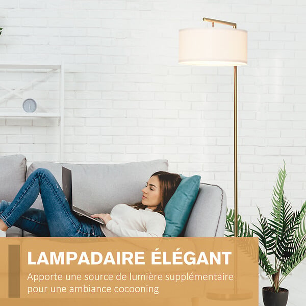 HOMCOM - Lampadaire design néo-rétro max. 40 W 153H cm abat-jour circulaire aspect lin blanc piètement structure métal doré - large