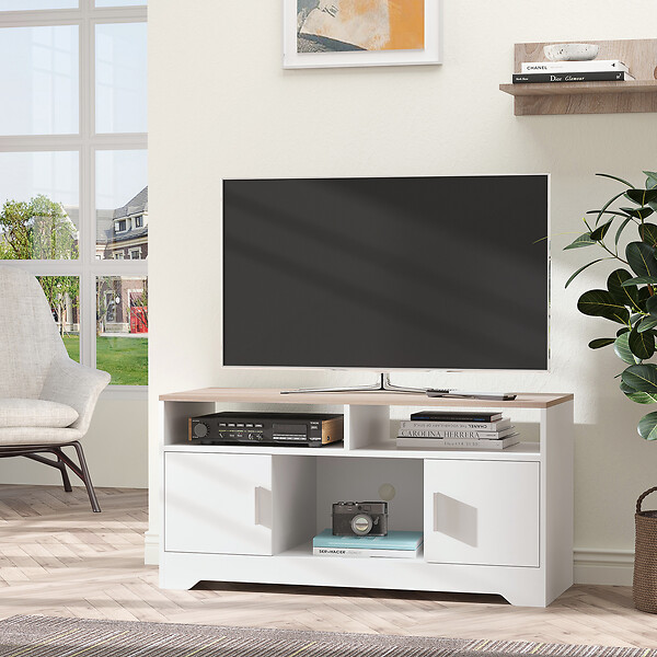 HOMCOM - Meuble TV Banc TV en Bois Grand Espace de Rangement avec 2 Compartiments Ouverts 2 Armoires à  Porte Une Armoire Ouverte 105 x 40 x 52 cm Blanc - large