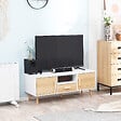 HOMCOM - Meuble TV bas sur pied style scandinave 2 portes niche tiroir piètement effilé incliné bois panneaux blanc aspect bois clair - vignette