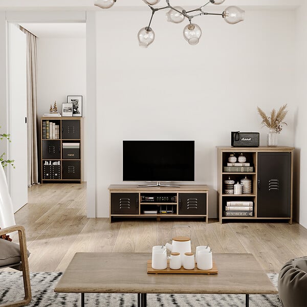 HOMCOM - Meuble TV banc TV design industriel - 2 placards, 2 niches, 2 passe-fils - panneaux particules aspect bois veinage portes métal noir - large