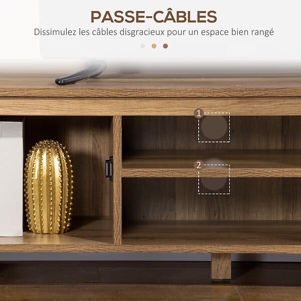 HOMCOM - Meuble TV banc TV design industriel - 2 placards, 2 niches, 2 passe-fils - panneaux particules aspect bois veinage portes métal noir - large