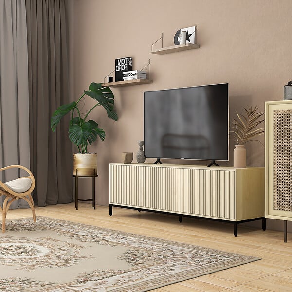 HOMCOM - Meuble TV banc TV design Urban Craft - 3 portes, 3 étagères - piètement acier noir aspect bois clair - large