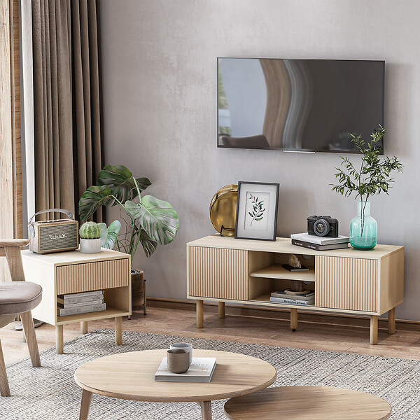 HOMCOM - Meuble TV banc TV design Urban Craft - 2 portes coulissantes, 2 niches - piètement cylindrique - panneaux particules aspect bois clair - large