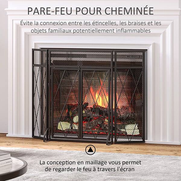 HOMCOM - Pare-feu large pour cheminée ou poêle - pare-étincelles - 3 volets pliables et portes - métal noir - large