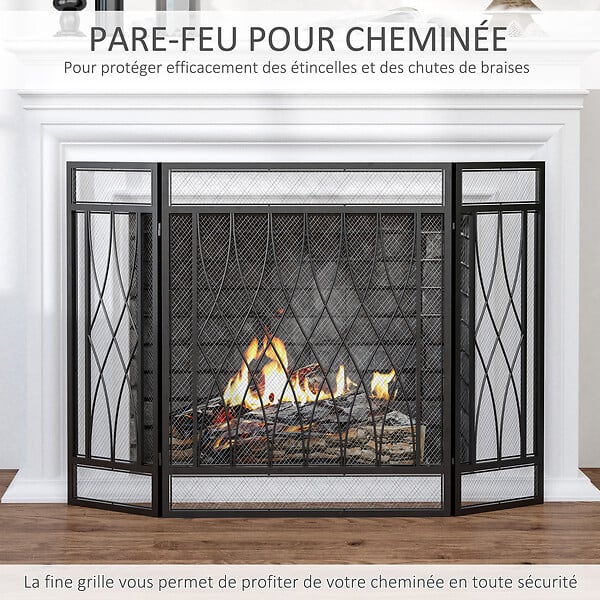 HOMCOM - Grille de protection pour cheminée - pare-feu large pour cheminée ou poêle - pare-étincelles - barrière de sécurité - 3 volets pliables - métal noir - large