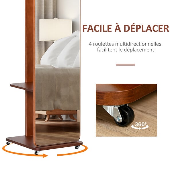 HOMCOM - Miroir sur pied avec roulettes - portant, 4 patères étagère MDF aspect noyer - large
