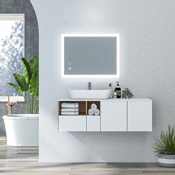 KLEANKIN - Miroir mural lumineux LED de salle de bain - 80 x 60 cm - avec 3 couleurs, luminosité réglable interrupteur tactile système antibuée transparent - large