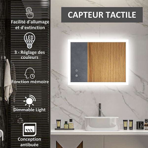KLEANKIN - Miroir mural lumineux LED de salle de bain - 80 x 60 cm - avec 3 couleurs, luminosité réglable interrupteur tactile système antibuée transparent - large