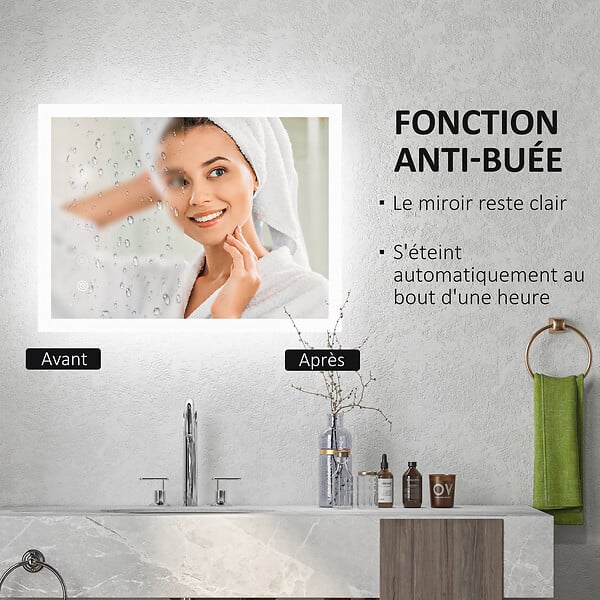 KLEANKIN - Miroir mural lumineux LED de salle de bain - 80 x 60 cm - avec 3 couleurs, luminosité réglable interrupteur tactile système antibuée transparent - large