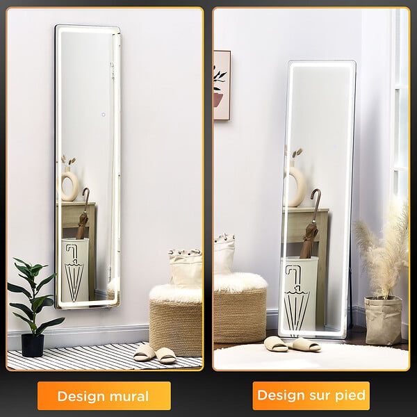 HOMCOM - Miroir LED sur pied ou mural au choix - intensité et couleur réglable - télécommande incluse - verre alu. noir - large