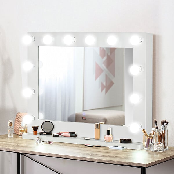 HOMCOM - Miroir maquillage Hollywood lumineux LED tactile - 12 LED, luminosité réglable, fonction mémoire - métal MDF blanc verre - large
