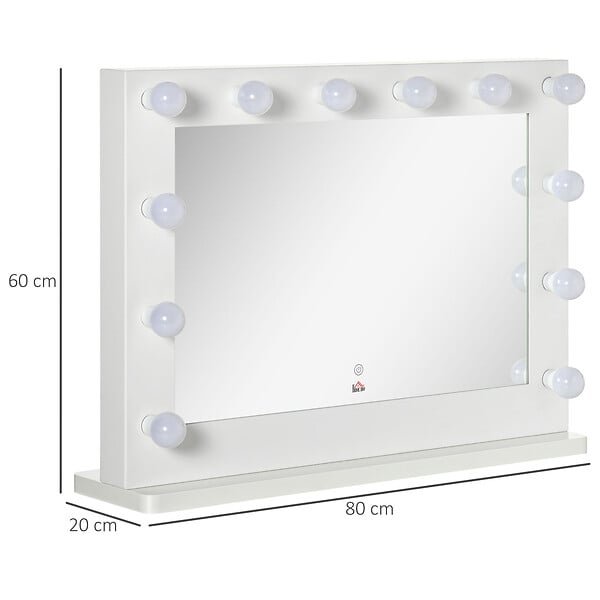 HOMCOM - Miroir maquillage Hollywood lumineux LED tactile - 12 LED, luminosité réglable, fonction mémoire - métal MDF blanc verre - large