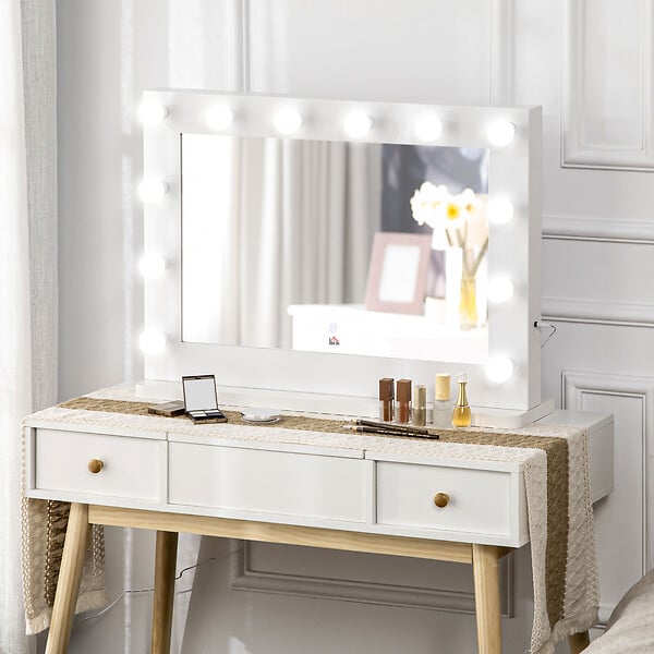 HOMCOM - Miroir maquillage Hollywood lumineux LED tactile - 12 LED, luminosité réglable, fonction mémoire - métal MDF blanc verre - large