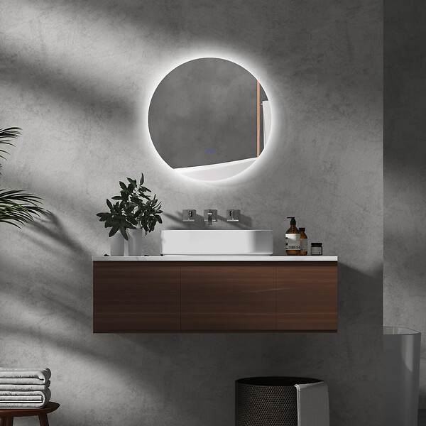 KLEANKIN - Miroir rond lumineux LED de salle de bain 60 cm avec éclairage interrupteur tactile système antibuée miroir mural LED à luminosité réglable 29 W gris - large