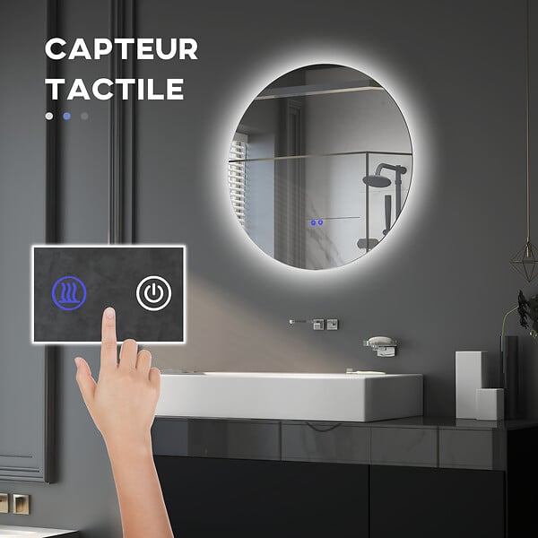 KLEANKIN - Miroir rond lumineux LED de salle de bain 60 cm avec éclairage interrupteur tactile système antibuée miroir mural LED à luminosité réglable 29 W gris - large