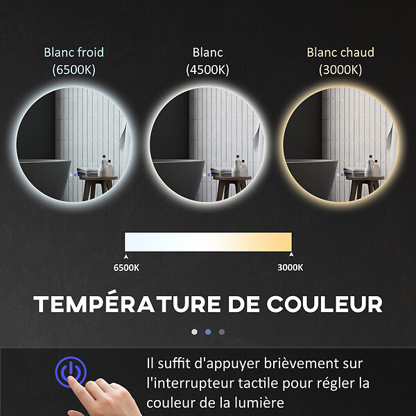 KLEANKIN - Miroir rond lumineux LED de salle de bain 60 cm avec éclairage interrupteur tactile système antibuée miroir mural LED à luminosité réglable 29 W gris - large