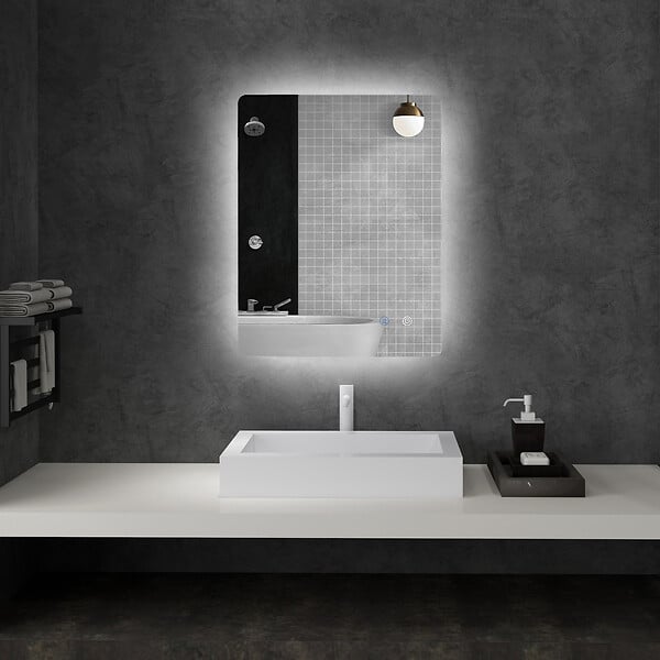 KLEANKIN - Miroir rectangulaire mural lumineux LED de salle de bain - 80 x 60 cm - 3 couleurs, luminosité réglable interrupteur tactile système antibuée blanc transparent - large