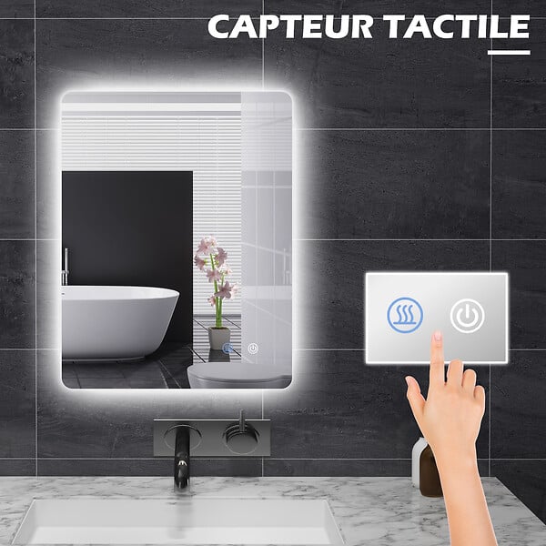 KLEANKIN - Miroir rectangulaire mural lumineux LED de salle de bain - 80 x 60 cm - 3 couleurs, luminosité réglable interrupteur tactile système antibuée blanc transparent - large