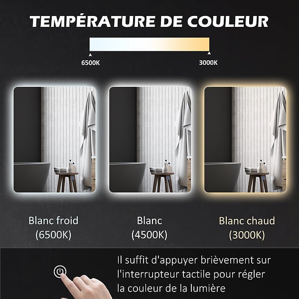 KLEANKIN - Miroir rectangulaire mural lumineux LED de salle de bain - 80 x 60 cm - 3 couleurs, luminosité réglable interrupteur tactile système antibuée blanc transparent - large