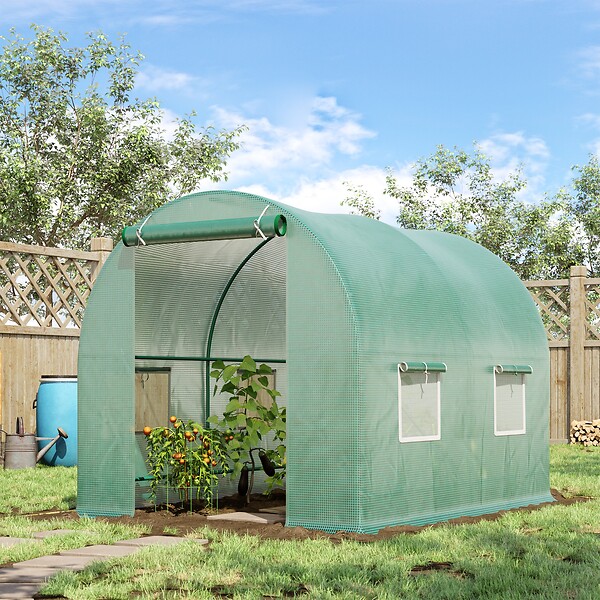 OUTSUNNY - Serre de jardin tunnel 5 m² 2,45L x 2l x 1,98H m acier renforcé Ø 1,8 cm + PE haute densité 140 g/m² fenêtres porte déroulante vert - large