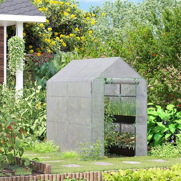 OUTSUNNY - Serre de jardin 2 tablettes dim. 1,86L x 1,2l x 1,9H m porte déroulante acier PE haute densité 140 g/m² transparent blanc - large