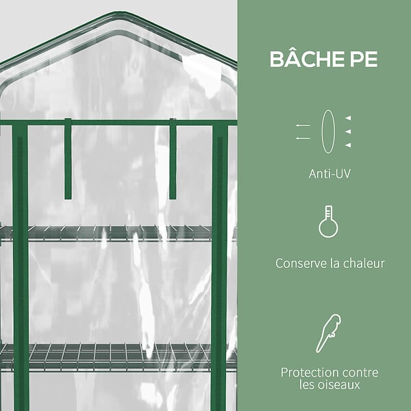 OUTSUNNY - Serre de jardin balcon sur roulettes 4 étagères dim. 0,69L x 0,5l x 1,65H m acier thermolaqué bâche PVC porte zippée transparente - large