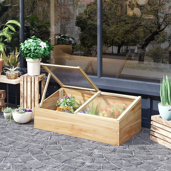 OUTSUNNY - Mini serre de jardin serre pour semis dim. 100L x 50l x 36H cm toit 2 pans ouvrables séparement panneaux de polycarbonate bois sapin pré-huilé - large