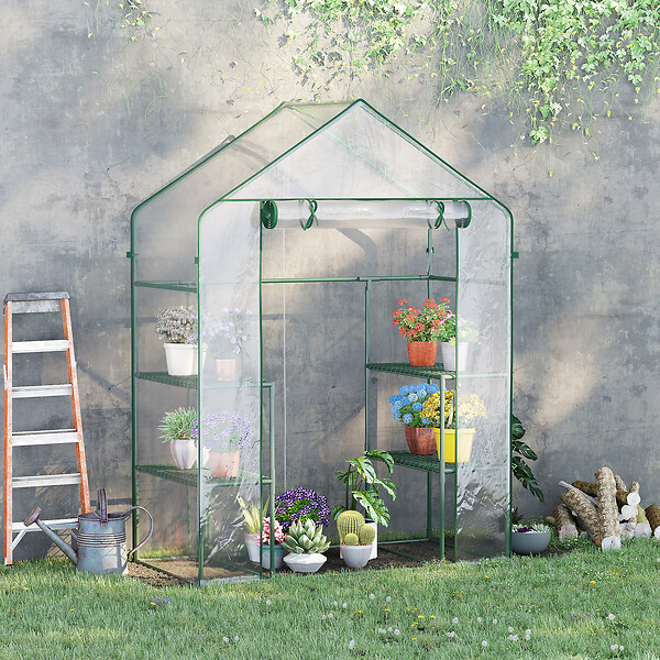OUTSUNNY - Serre de jardin 6 étagères - dim. 142L x 73l x 195H cm - porte - acier thermolaqué PVC haute densité anti-UV - transparent vert - large