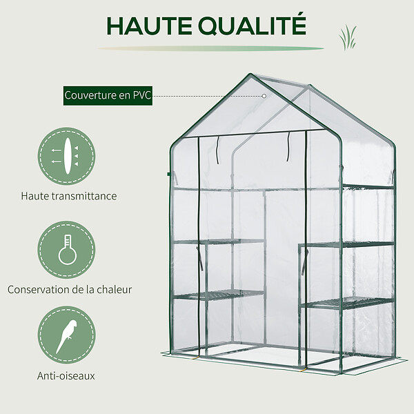 OUTSUNNY - Serre de jardin 6 étagères - dim. 142L x 73l x 195H cm - porte - acier thermolaqué PVC haute densité anti-UV - transparent vert - large