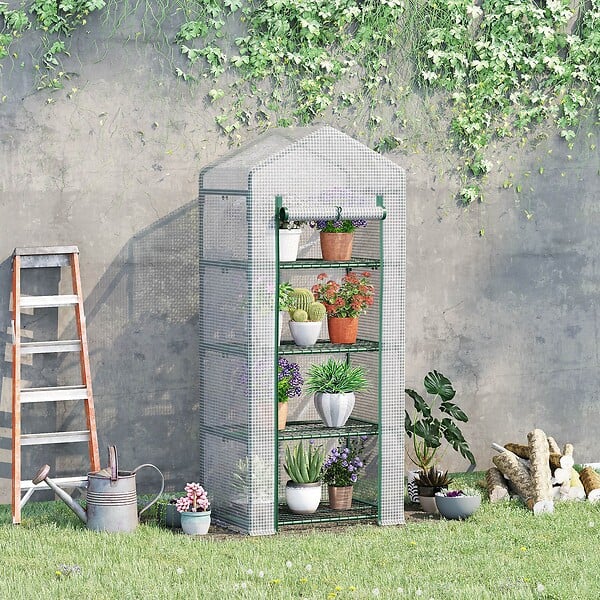OUTSUNNY - Serre de jardin balcon étagère serre 4 niveaux 0,7L x 0,5l x 1,6H m acier galvanisé bâche amovible PE haute densité blanc - large