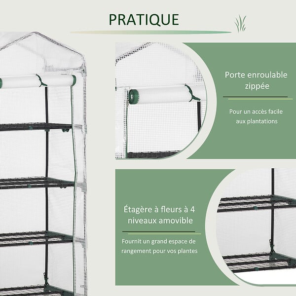 OUTSUNNY - Serre de jardin balcon étagère serre 4 niveaux 0,7L x 0,5l x 1,6H m acier galvanisé bâche amovible PE haute densité blanc - large