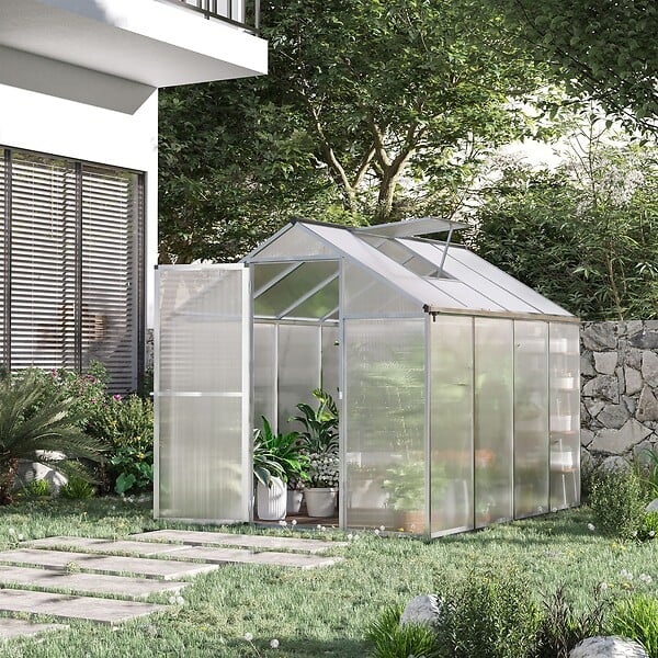 OUTSUNNY - Serre de jardin aluminium polycarbonate 4,6 m² dim. 2,42L x 1,9l x 1,95H m fondation lucarne porte loquet - large