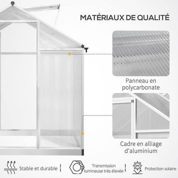 OUTSUNNY - Serre de jardin aluminium polycarbonate 4,6 m² dim. 2,42L x 1,9l x 1,95H m fondation lucarne porte loquet - large